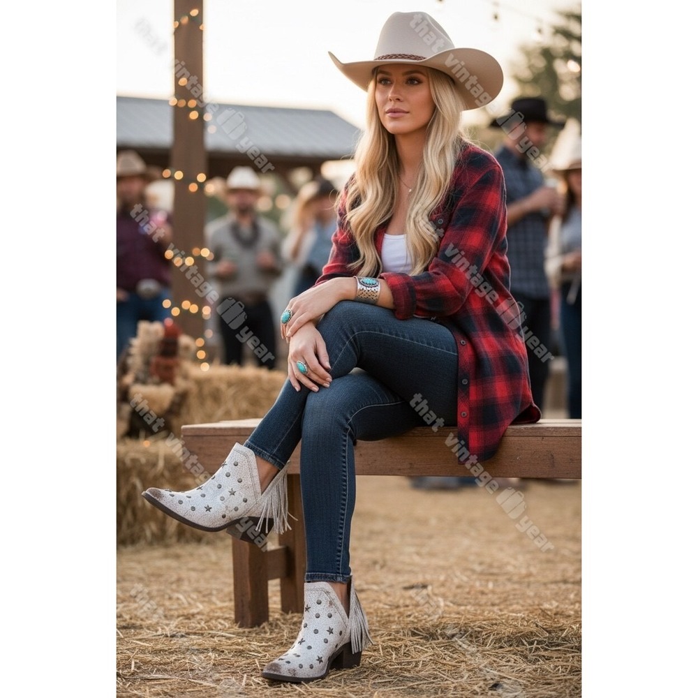 CORRAL Circle G White Cowhide STUD & Fringe RODEO Western Cowboy Boot Women 7.5
